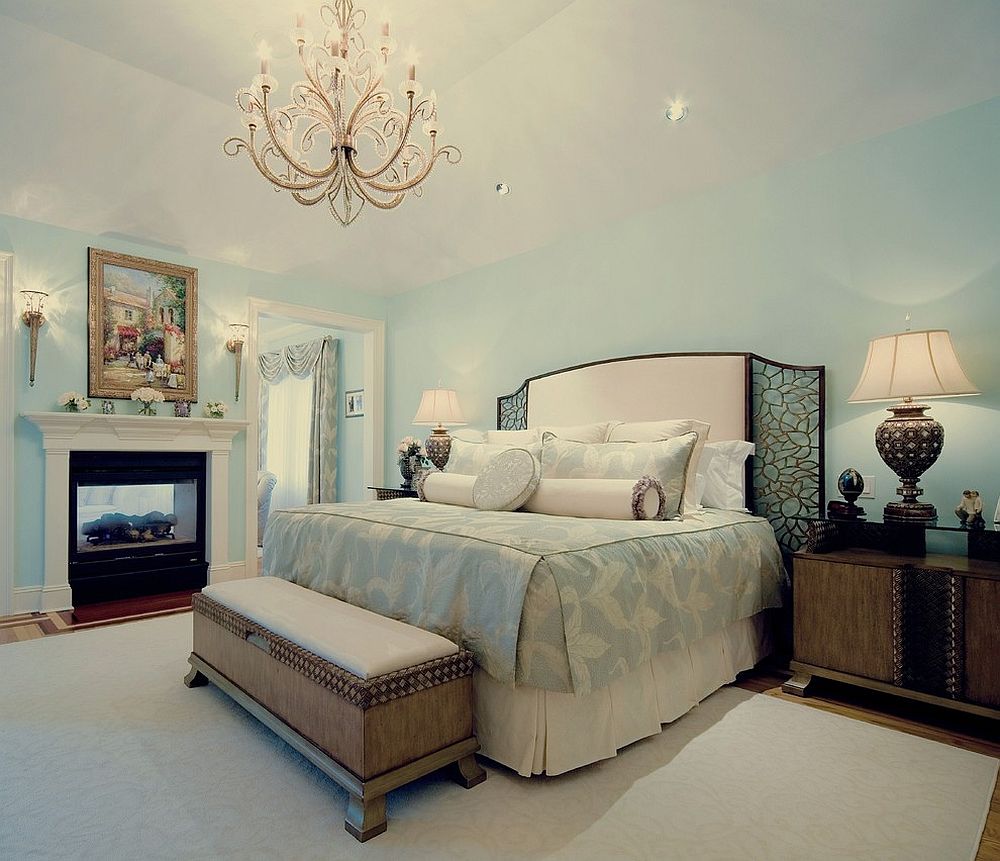 Light Blue And White Master Bedroom With Classic Flair Chandelier