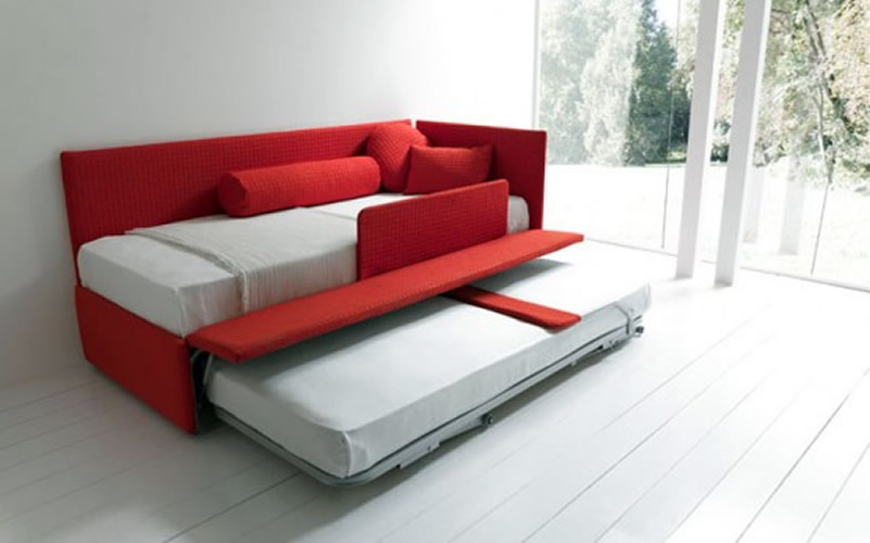 Red Loveseat Sleeper Sofa with Additional Movable Trundle